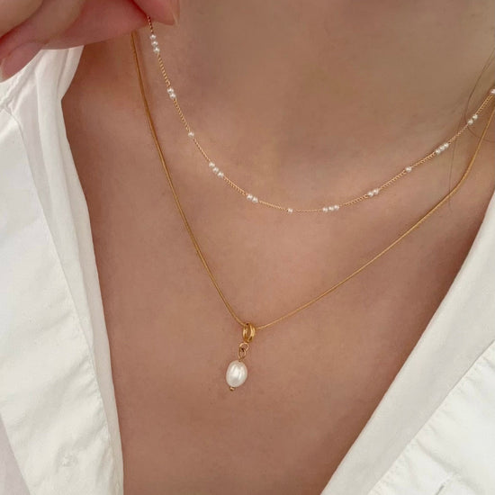 Gold Layered Pearl Necklace, Snake Chain Double Layer Necklace, Dainty Freshwater Pearl Necklace, Multiple Pearl Necklace, Gi