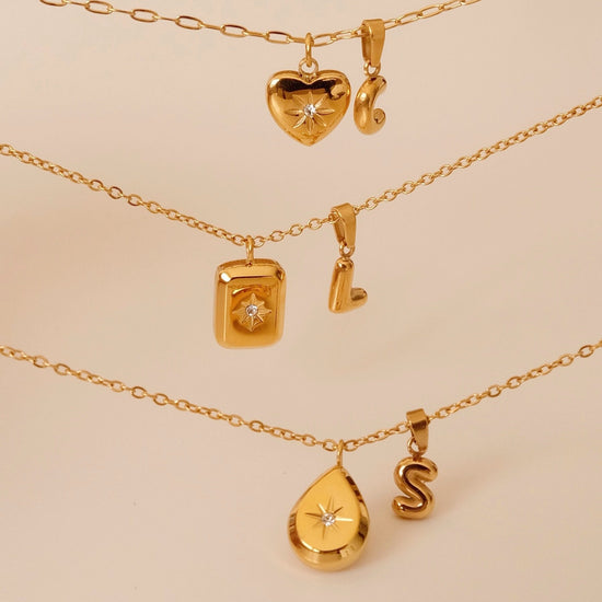 Gold filled square teardrop heart necklace, 18k gold cz star necklace, Gold initial necklace, Waterproof tarnish free gold pe