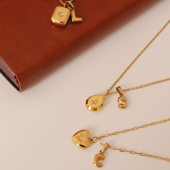 Gold filled square teardrop heart necklace, 18k gold cz star necklace, Gold initial necklace, Waterproof tarnish free gold pe