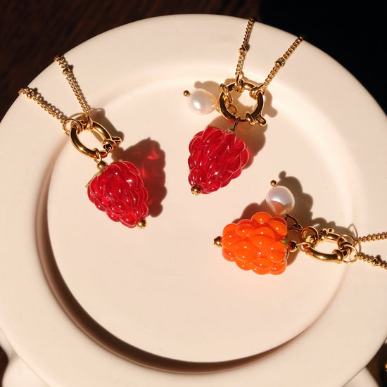 Raspberry handmade lampwork beads necklace, Waterproof fruit pearl gold necklace, Detachable charm, Gold pendant necklace, gi