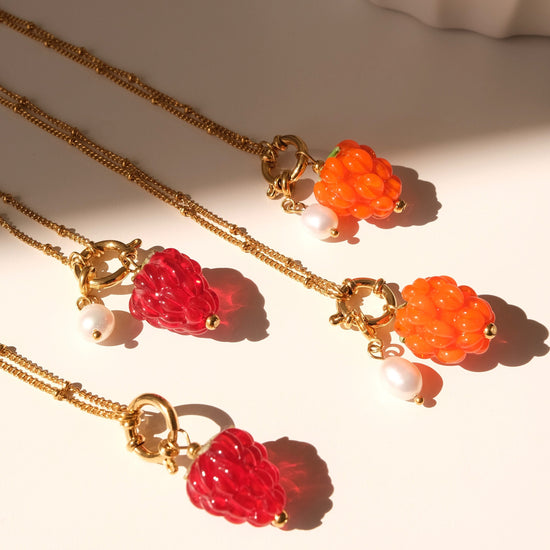 Raspberry handmade lampwork beads necklace, Waterproof fruit pearl gold necklace, Detachable charm, Gold pendant necklace, gi