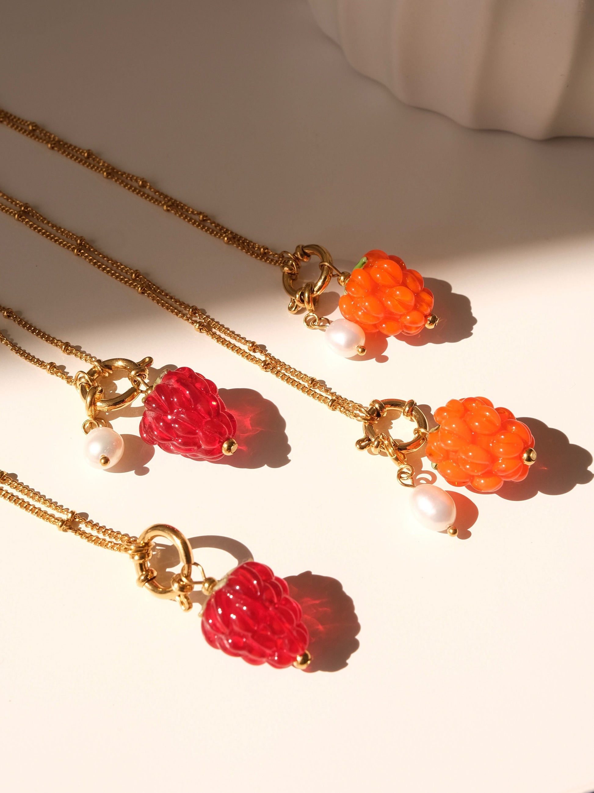 Raspberry handmade lampwork beads necklace, Waterproof fruit pearl gold necklace, Detachable charm, Gold pendant necklace, gi