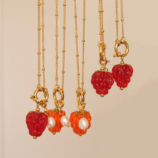 Raspberry handmade lampwork beads necklace, Waterproof fruit pearl gold necklace, Detachable charm, Gold pendant necklace, gi