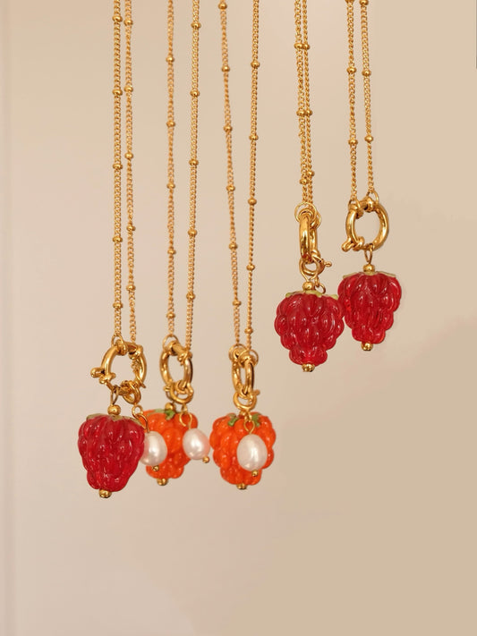 Raspberry handmade lampwork beads necklace, Waterproof fruit pearl gold necklace, Detachable charm, Gold pendant necklace, gi