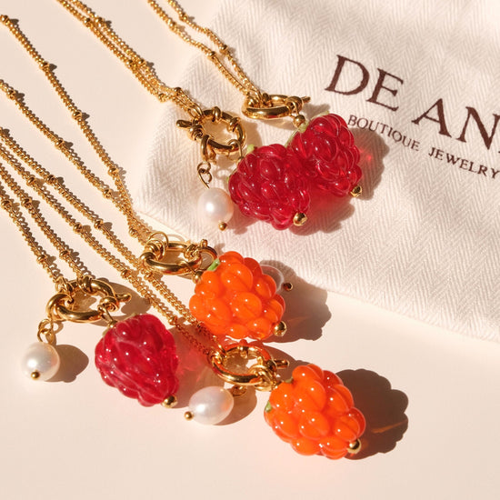 Raspberry handmade lampwork beads necklace, Waterproof fruit pearl gold necklace, Detachable charm, Gold pendant necklace, gi