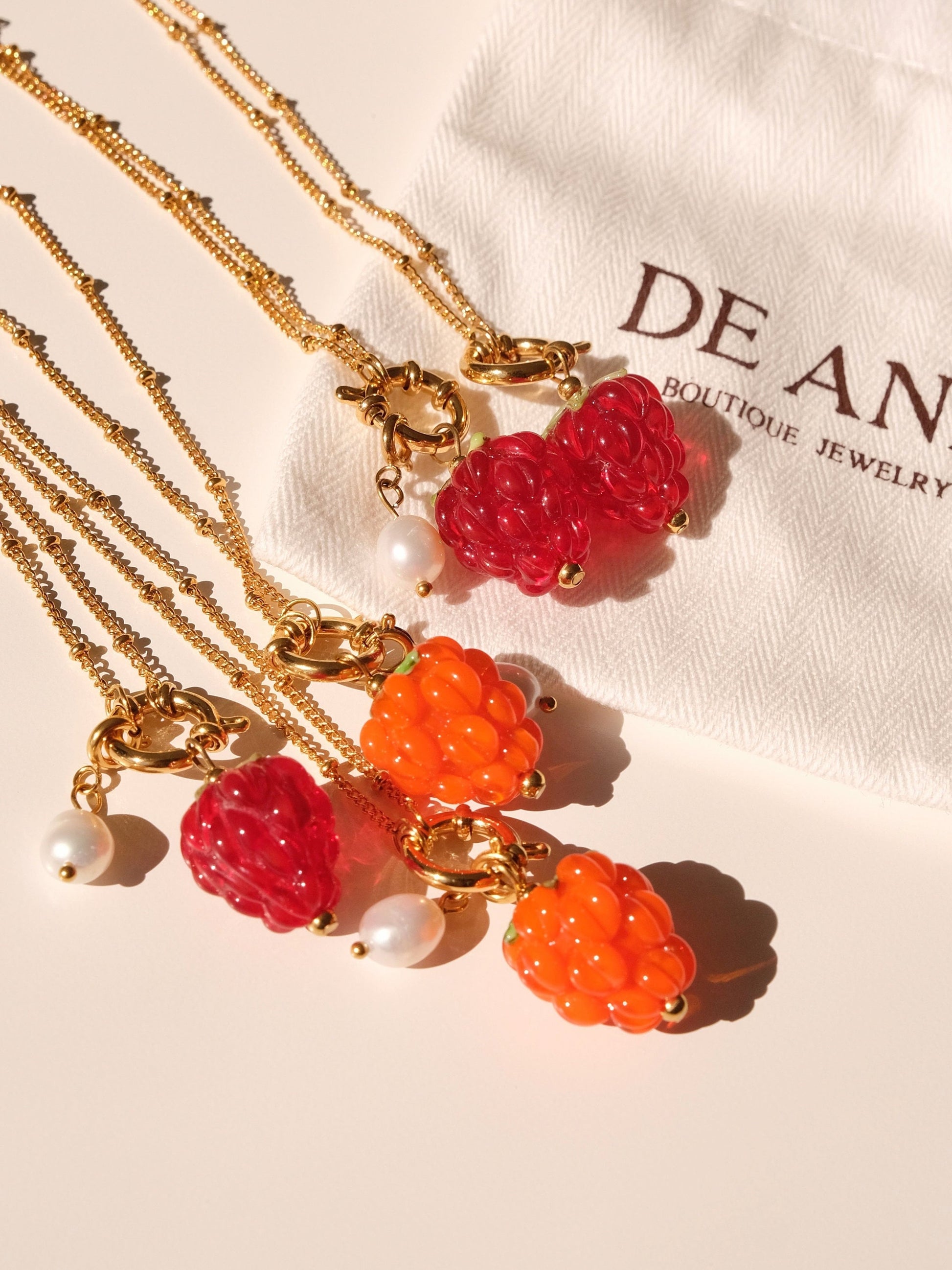 Raspberry handmade lampwork beads necklace, Waterproof fruit pearl gold necklace, Detachable charm, Gold pendant necklace, gi