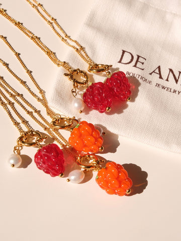 Raspberry handmade lampwork beads necklace, Waterproof fruit pearl gold necklace, Detachable charm, Gold pendant necklace, gi