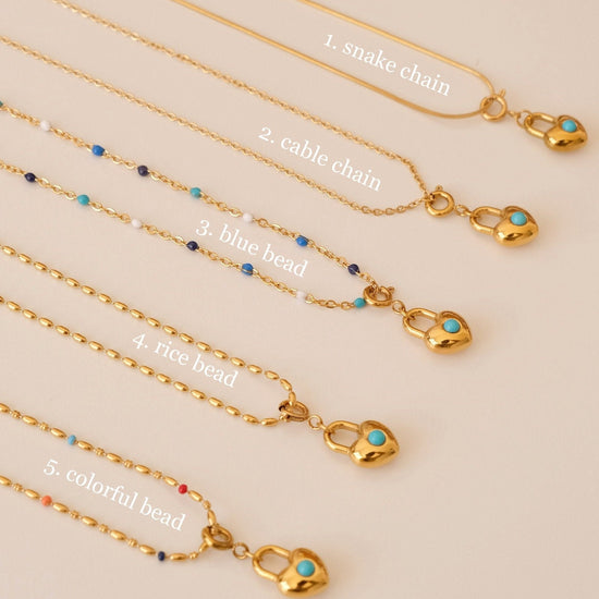 Dainty Turquoise Heart Lock Necklace, Waterproof Delicate Love Charm Necklace, Minimalist Turquoise Gemstone Pendant Necklace