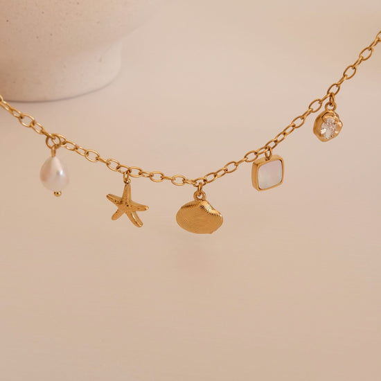 Summer Charms Necklace, Ocean Shell Pearl Necklace, Waterproof Gold Necklace, Girl Necklace, Gift for her, Handmade Beach Jew