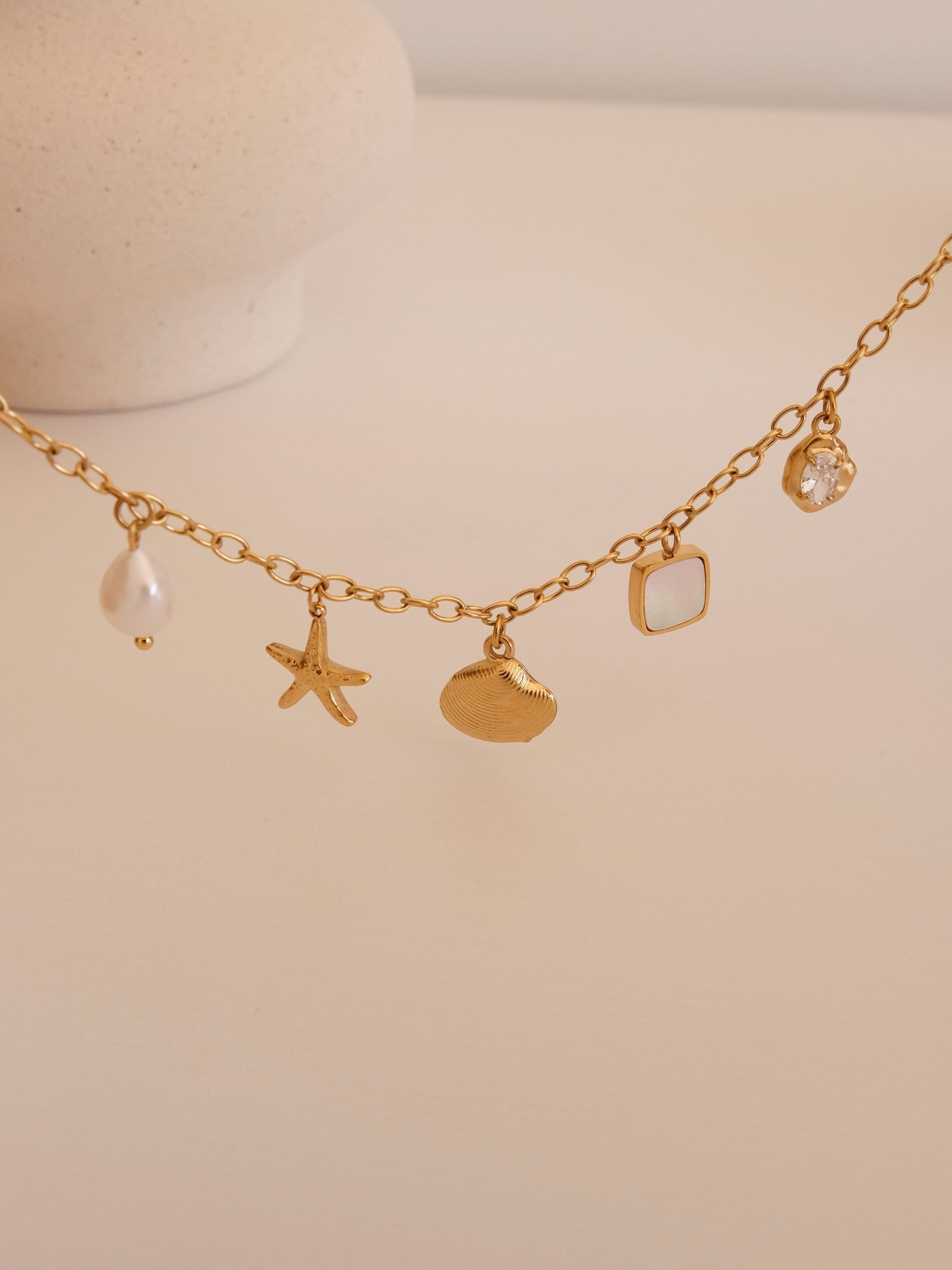 Summer Charms Necklace, Ocean Shell Pearl Necklace, Waterproof Gold Necklace, Girl Necklace, Gift for her, Handmade Beach Jew
