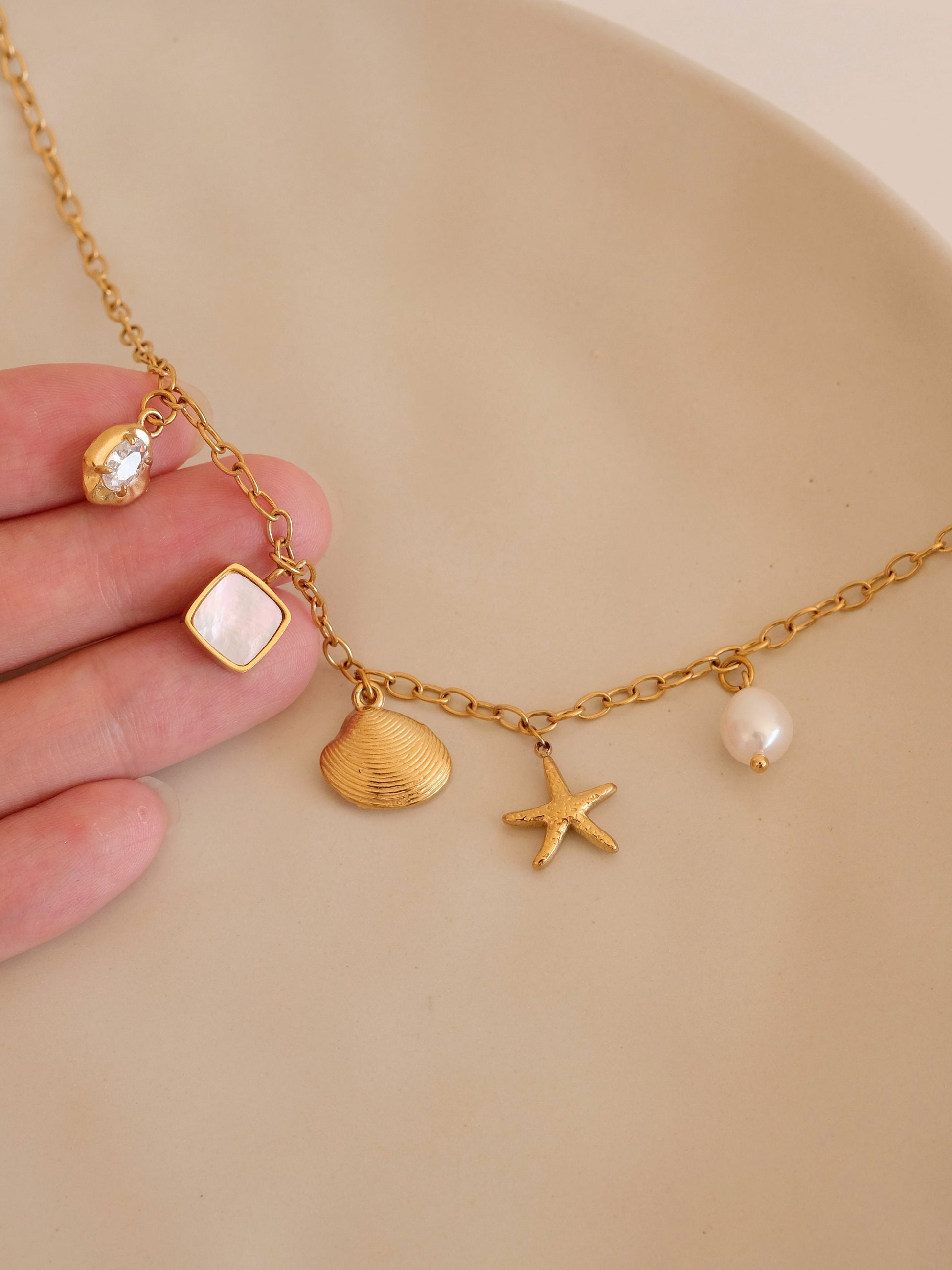 Summer Charms Necklace, Ocean Shell Pearl Necklace, Waterproof Gold Necklace, Girl Necklace, Gift for her, Handmade Beach Jew