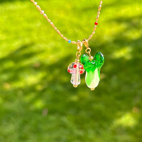 FRUIT COLLECTION detachable charm, raspberry bok choy cherry handmade lampwork beads necklace, Gold cherry necklace,Bracelet 
