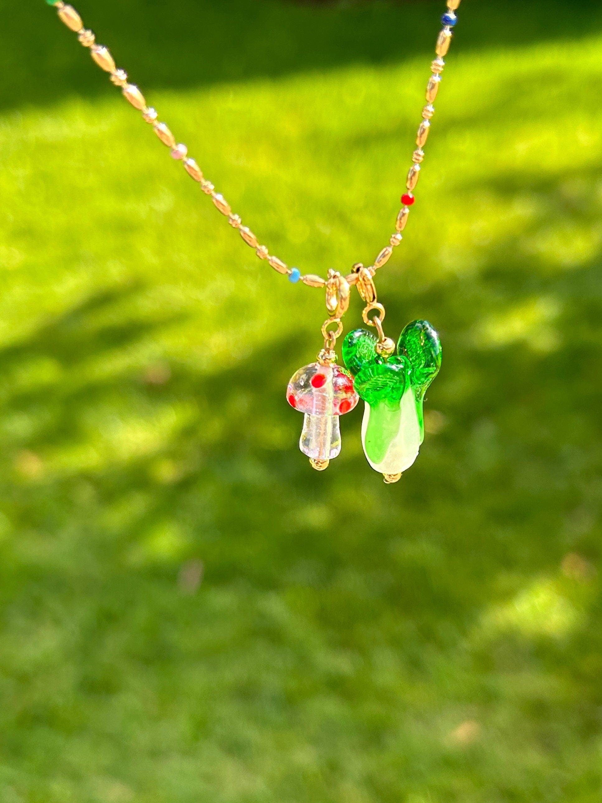 FRUIT COLLECTION detachable charm, raspberry bok choy cherry handmade lampwork beads necklace, Gold cherry necklace,Bracelet 