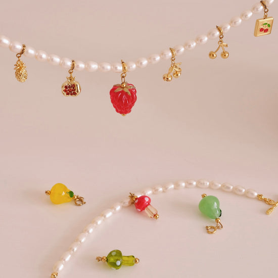 FRUIT COLLECTION detachable charm, raspberry bok choy cherry handmade lampwork beads necklace, Gold cherry necklace,Bracelet 