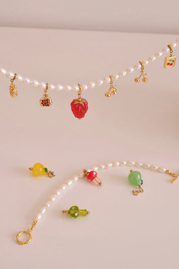 FRUIT COLLECTION detachable charm, raspberry bok choy cherry handmade lampwork beads necklace, Gold cherry necklace,Bracelet 