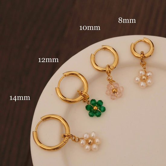 Beaded Flower Detachable Pendants, 18K Gold Filled Hoop Earrings, Waterproof Huggie Hoops, Custom Pearl Beaded Flower Charms 