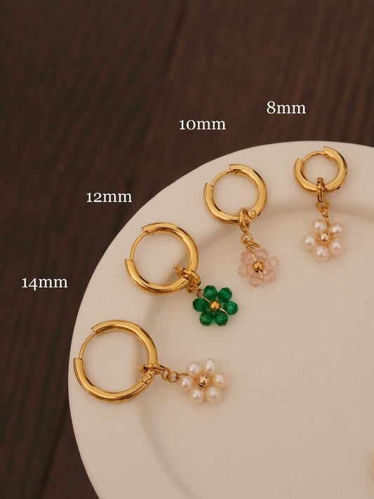 Beaded Flower Detachable Pendants, 18K Gold Filled Hoop Earrings, Waterproof Huggie Hoops, Custom Pearl Beaded Flower Charms 