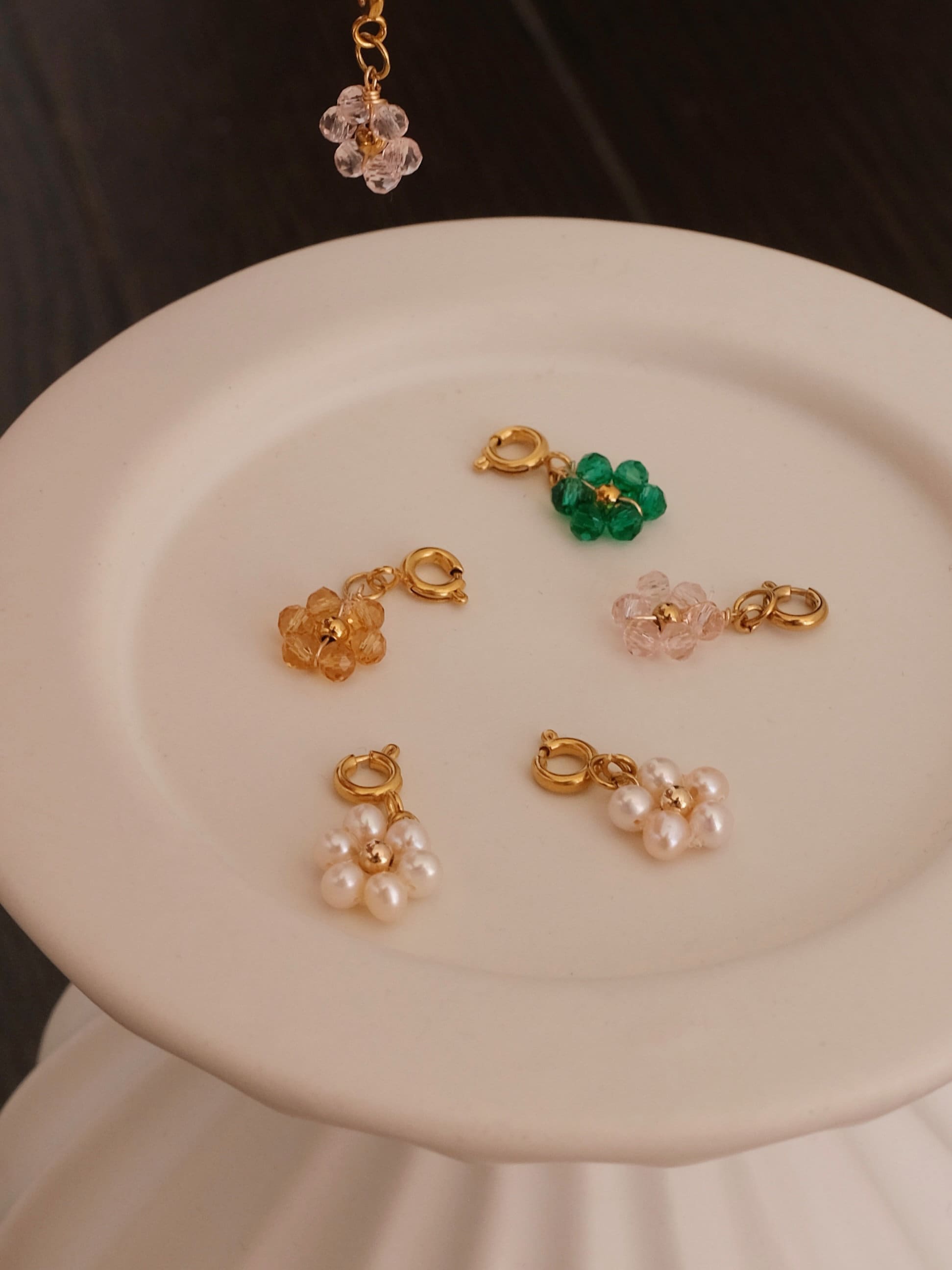 Beaded Flower Detachable Pendants, 18K Gold Filled Hoop Earrings, Waterproof Huggie Hoops, Custom Pearl Beaded Flower Charms 