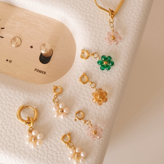 Beaded Flower Detachable Pendants, 18K Gold Filled Hoop Earrings, Waterproof Huggie Hoops, Custom Pearl Beaded Flower Charms 