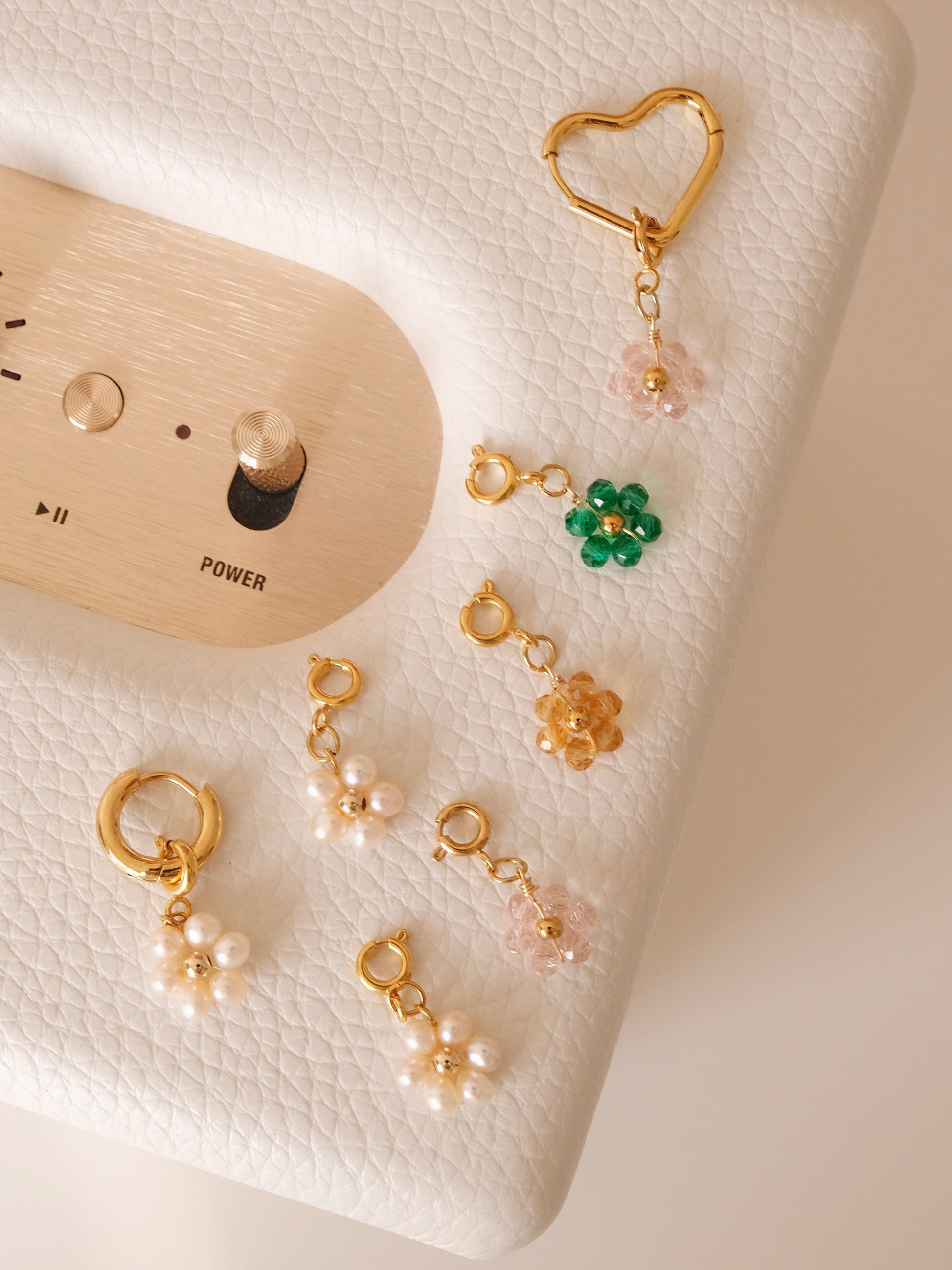 Beaded Flower Detachable Pendants, 18K Gold Filled Hoop Earrings, Waterproof Huggie Hoops, Custom Pearl Beaded Flower Charms 