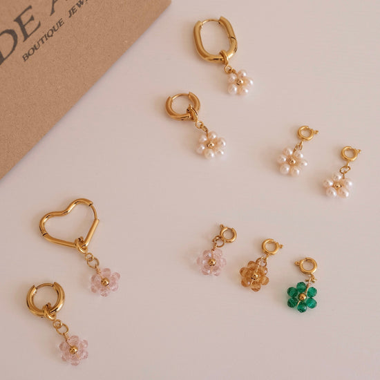 Beaded Flower Detachable Pendants, 18K Gold Filled Hoop Earrings, Waterproof Huggie Hoops, Custom Pearl Beaded Flower Charms 