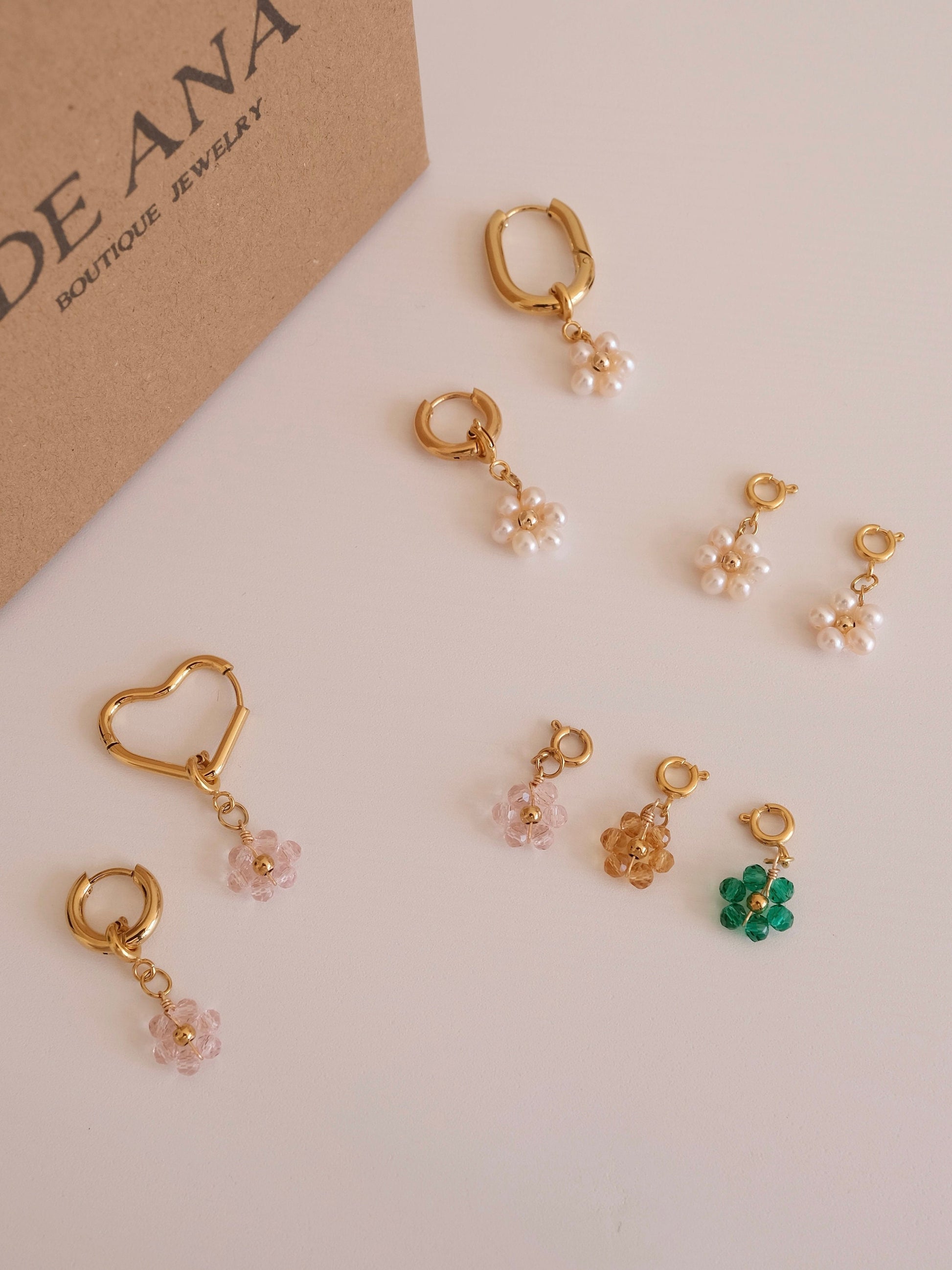 Beaded Flower Detachable Pendants, 18K Gold Filled Hoop Earrings, Waterproof Huggie Hoops, Custom Pearl Beaded Flower Charms 