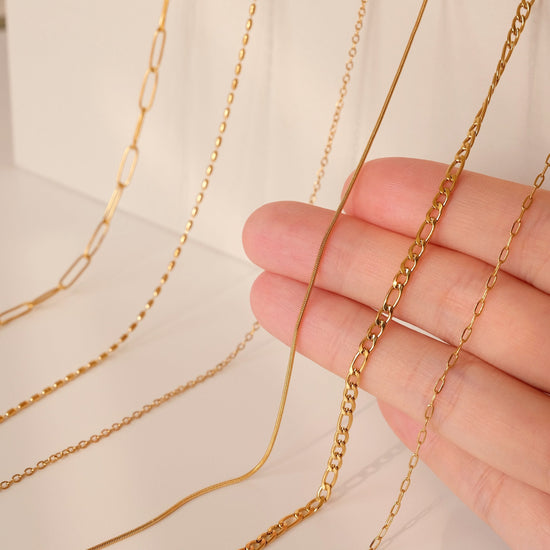 18K Gold Chain Necklace, Waterproof Cable Chain, Paperclip Chain, Herringbone Chain, Snake Chain, Figaro, Curb Chain, Rice Be