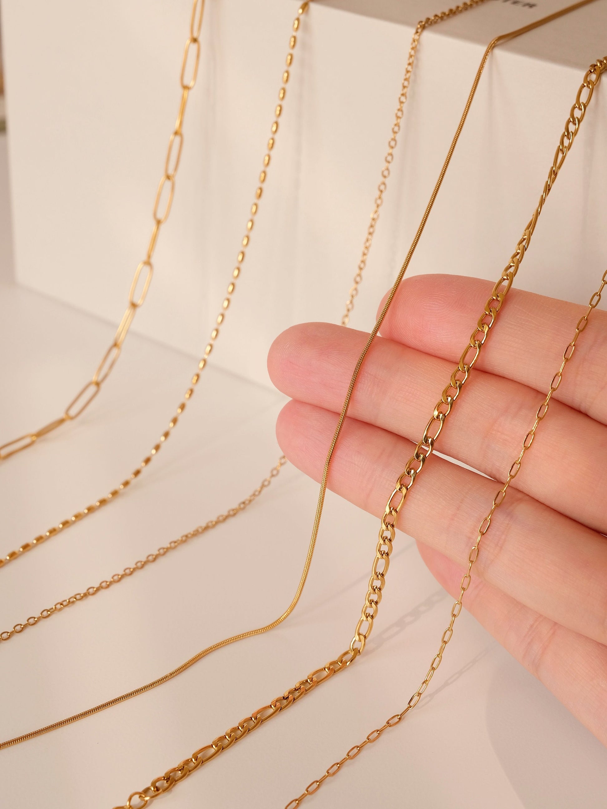 18K Gold Chain Necklace, Waterproof Cable Chain, Paperclip Chain, Herringbone Chain, Snake Chain, Figaro, Curb Chain, Rice Be