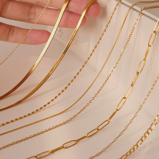 18K Gold Chain Necklace, Waterproof Cable Chain, Paperclip Chain, Herringbone Chain, Snake Chain, Figaro, Curb Chain, Rice Be