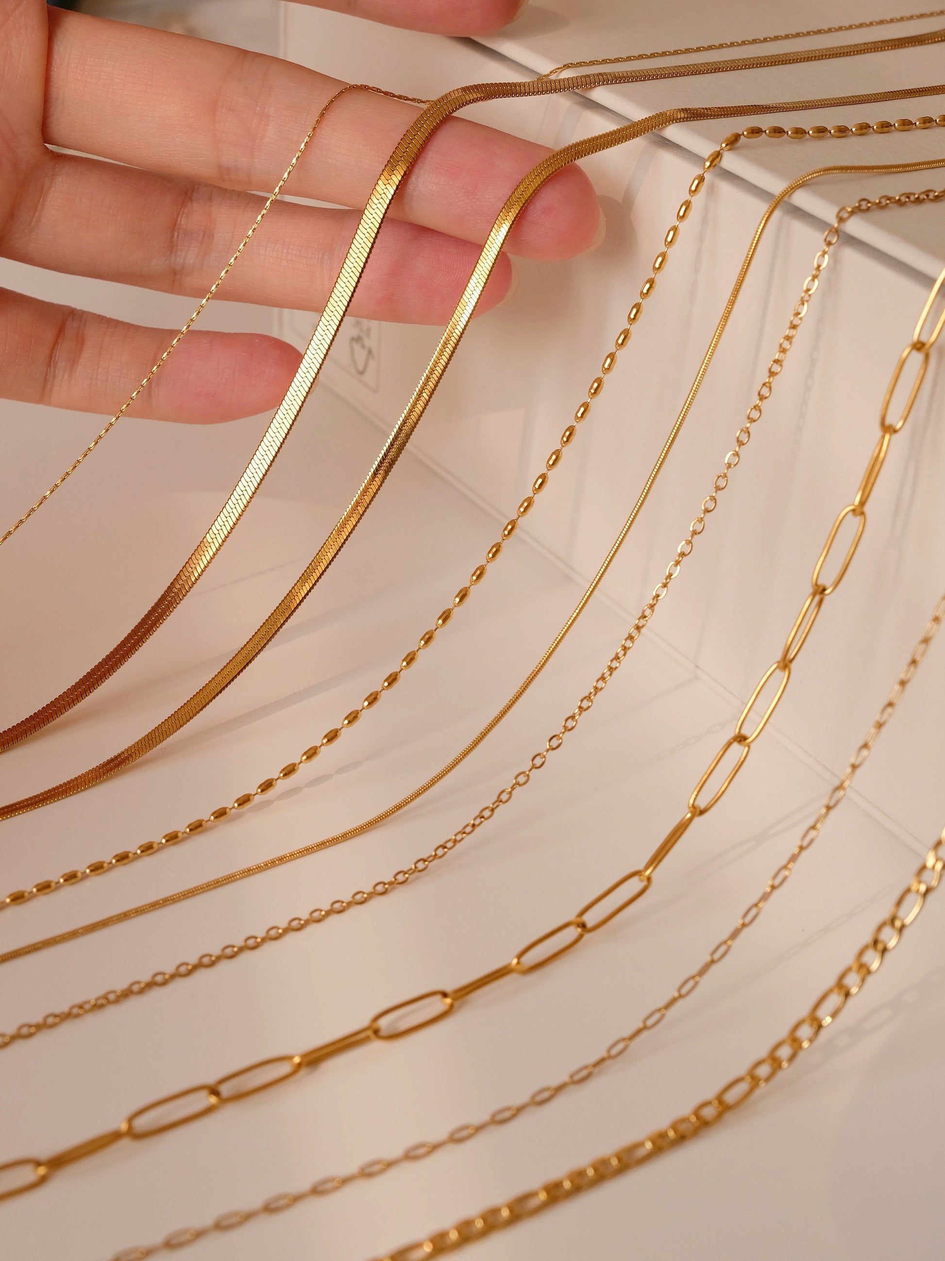18K Gold Chain Necklace, Waterproof Cable Chain, Paperclip Chain, Herringbone Chain, Snake Chain, Figaro, Curb Chain, Rice Be