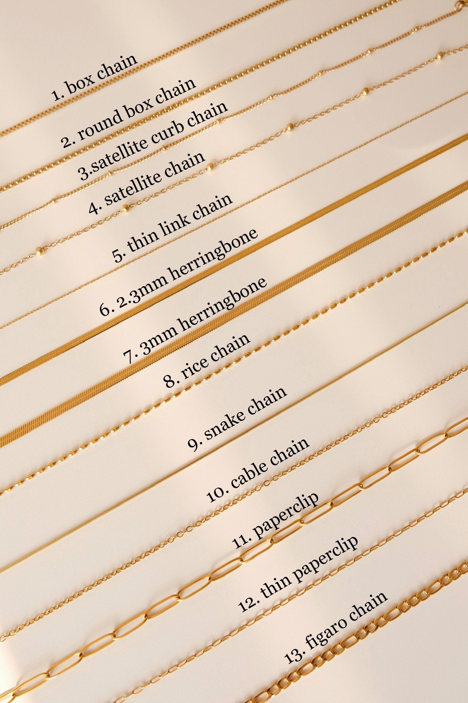 18K Gold Chain Necklace, Waterproof Cable Chain, Paperclip Chain, Herringbone Chain, Snake Chain, Figaro, Curb Chain, Rice Be