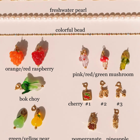 FRUIT COLLECTION detachable charm, raspberry bok choy cherry handmade lampwork beads necklace, Gold cherry necklace,Bracelet 