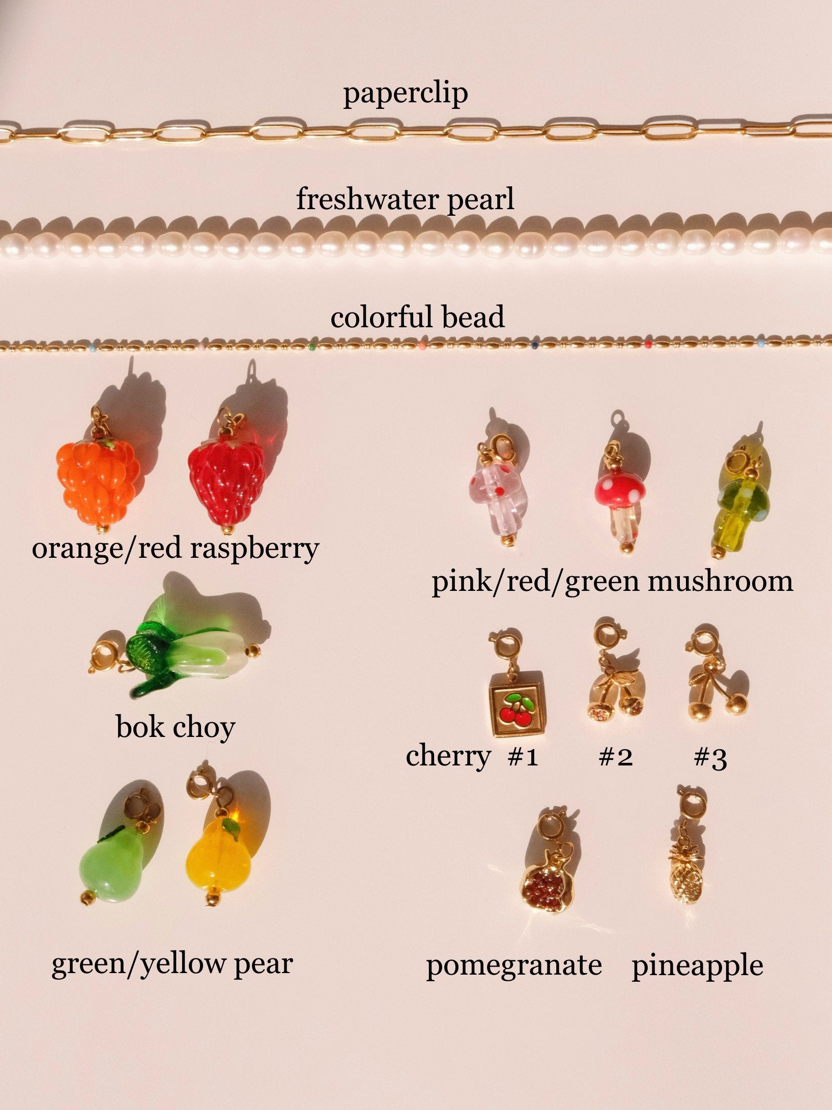 FRUIT COLLECTION detachable charm, raspberry bok choy cherry handmade lampwork beads necklace, Gold cherry necklace,Bracelet 