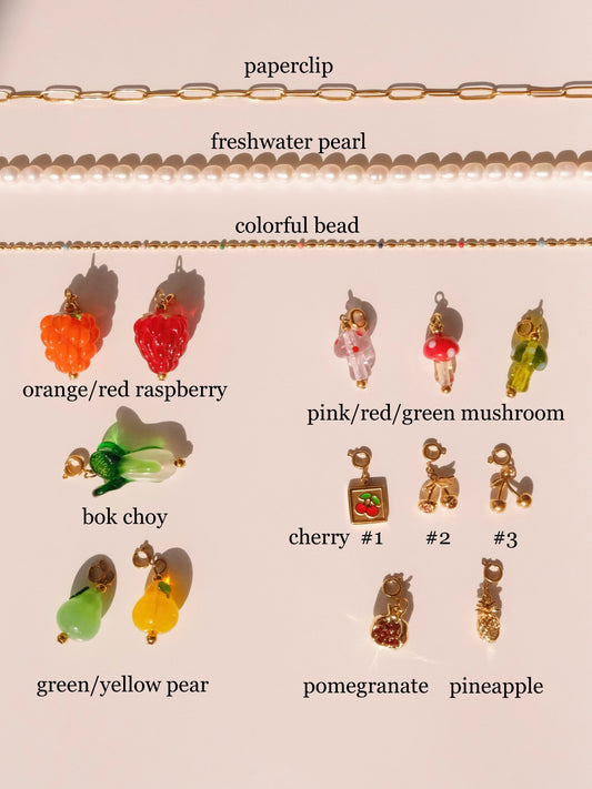 FRUIT COLLECTION detachable charm, raspberry bok choy cherry handmade lampwork beads necklace, Gold cherry necklace,Bracelet 