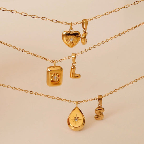 Gold filled square teardrop heart necklace, 18k gold cz star necklace, Gold initial necklace, Waterproof tarnish free gold pe