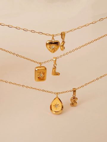 Gold filled square teardrop heart necklace, 18k gold cz star necklace, Gold initial necklace, Waterproof tarnish free gold pe