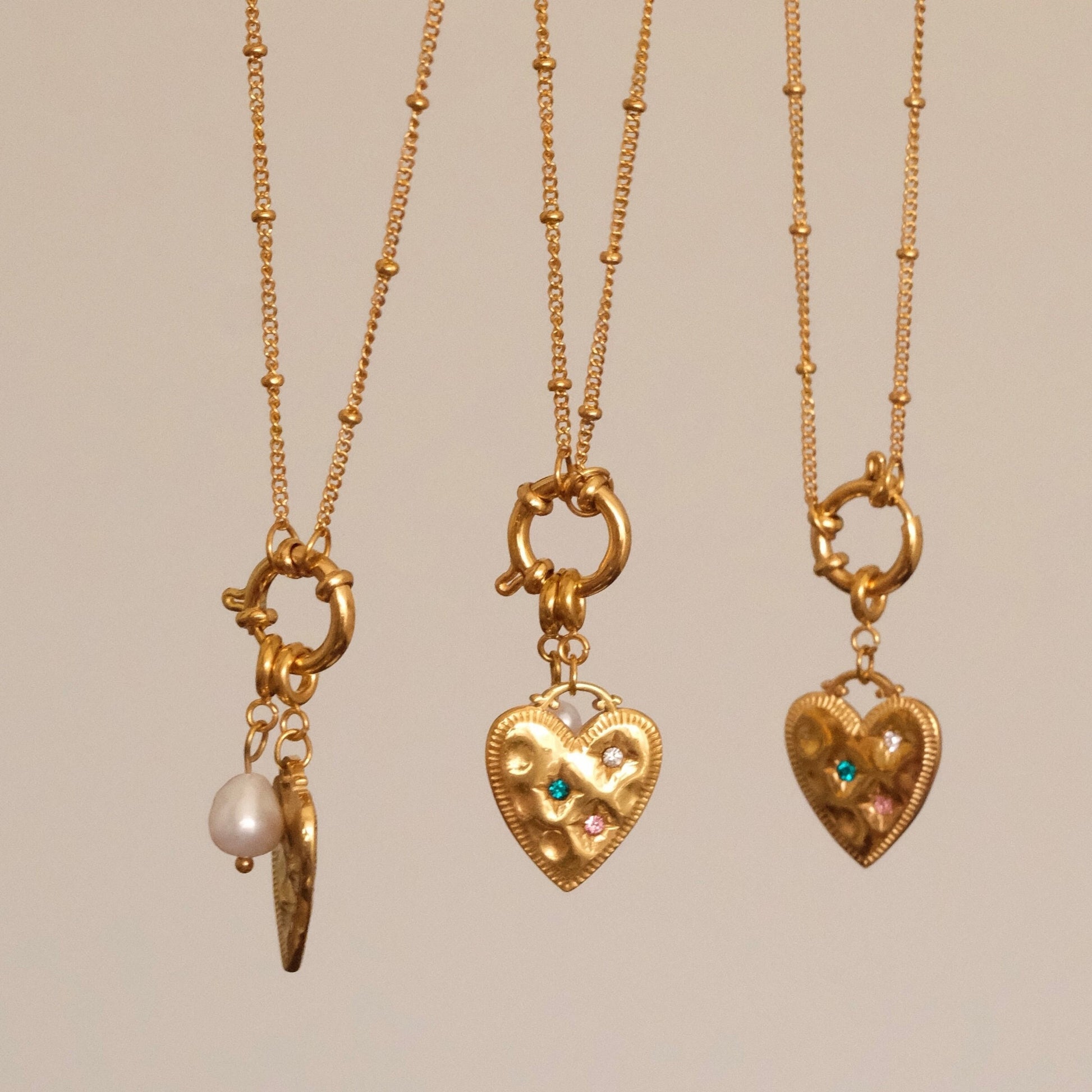 Gold heart pendant necklace, Waterproof colourful cz heart pearl necklace, Pendant detachable bolt clasp necklace, gift for h