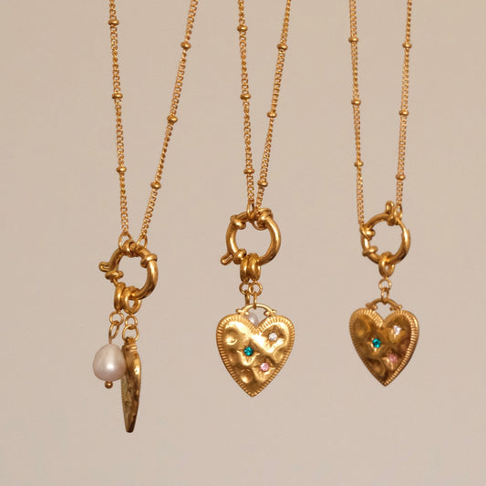 Gold heart pendant necklace, Waterproof colourful cz heart pearl necklace, Pendant detachable bolt clasp necklace, gift for h