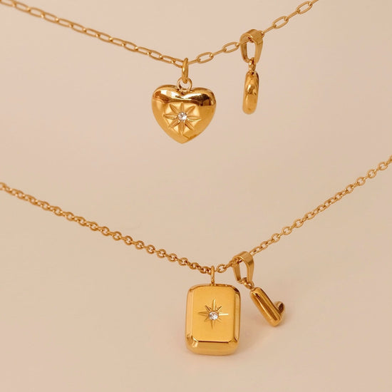 Gold filled square teardrop heart necklace, 18k gold cz star necklace, Gold initial necklace, Waterproof tarnish free gold pe