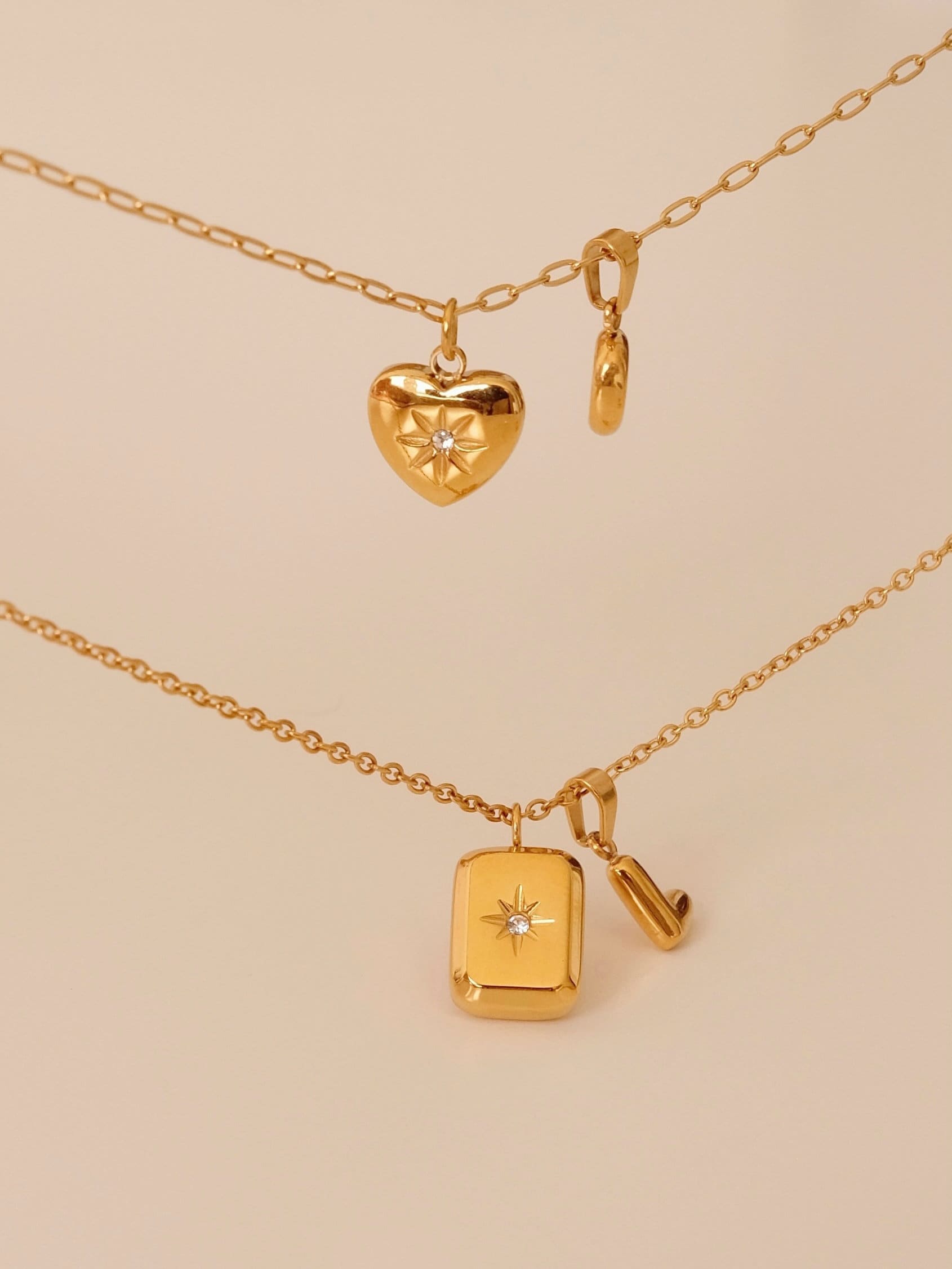 Gold filled square teardrop heart necklace, 18k gold cz star necklace, Gold initial necklace, Waterproof tarnish free gold pe