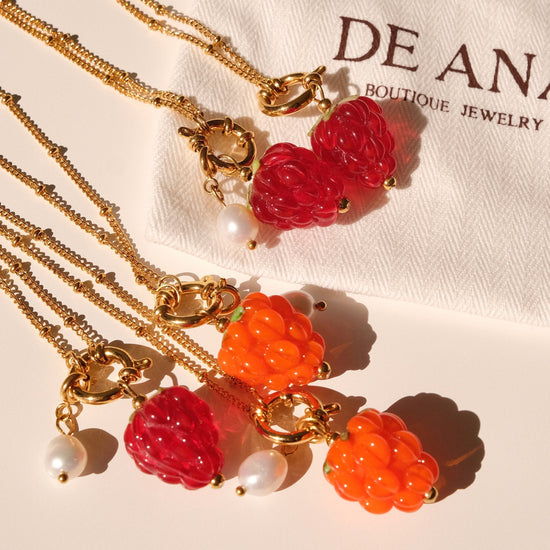 Raspberry handmade lampwork beads necklace, Waterproof fruit pearl gold necklace, Detachable charm, Gold pendant necklace, gi