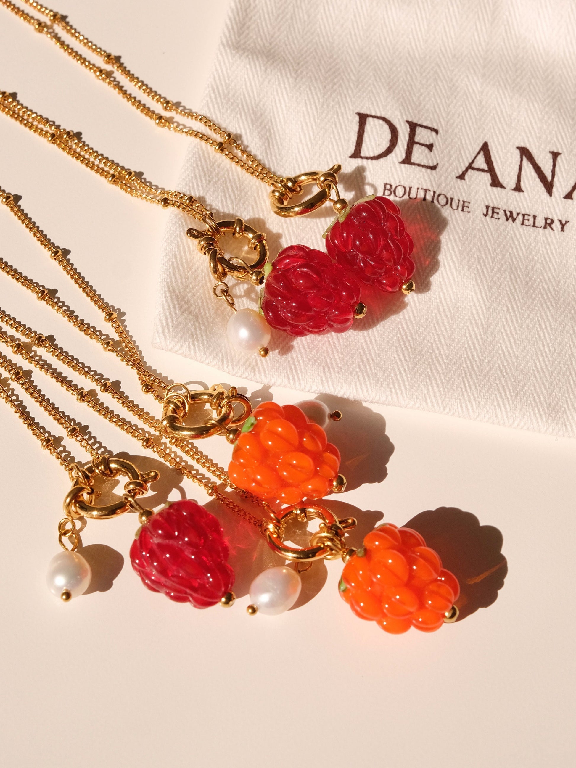 Raspberry handmade lampwork beads necklace, Waterproof fruit pearl gold necklace, Detachable charm, Gold pendant necklace, gi
