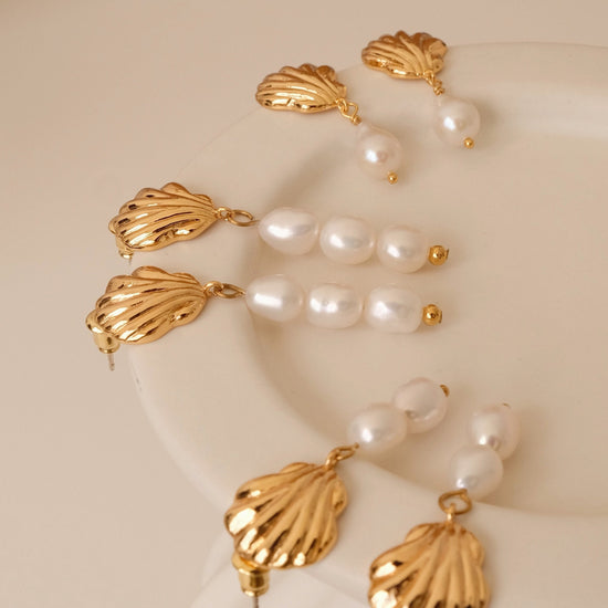 Gold Shell Pearl Drop Earrings, Double Triple Pearl Tear Drop Earrings, Dangling Pearl Earrings, Bridal Jewelry, Dainty Gift 