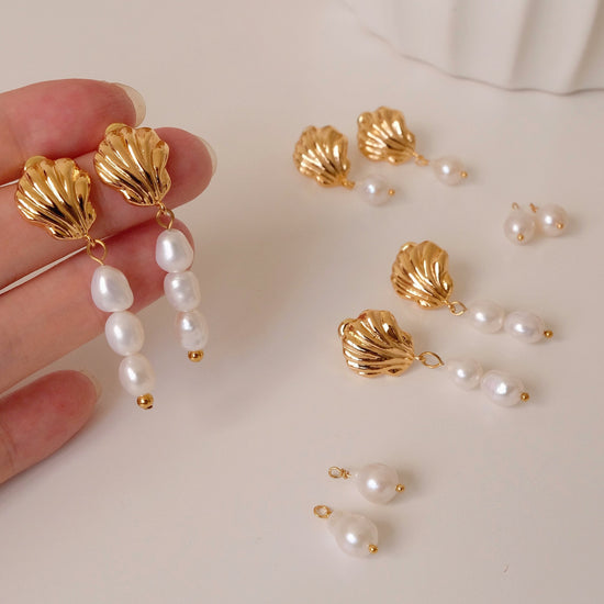 Gold Shell Pearl Drop Earrings, Double Triple Pearl Tear Drop Earrings, Dangling Pearl Earrings, Bridal Jewelry, Dainty Gift 