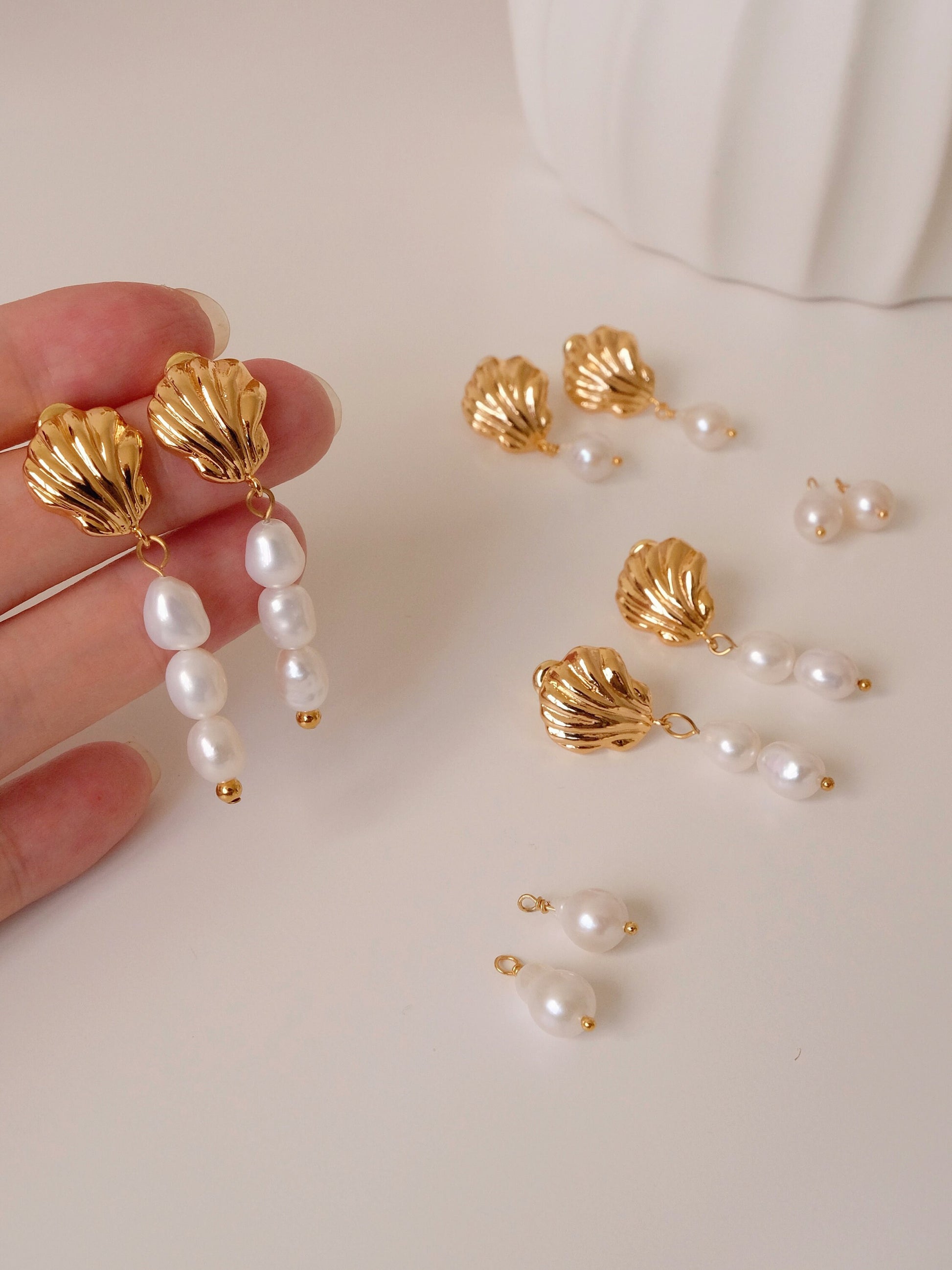 Gold Shell Pearl Drop Earrings, Double Triple Pearl Tear Drop Earrings, Dangling Pearl Earrings, Bridal Jewelry, Dainty Gift 