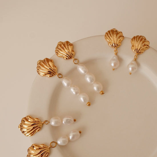 Gold Shell Pearl Drop Earrings, Double Triple Pearl Tear Drop Earrings, Dangling Pearl Earrings, Bridal Jewelry, Dainty Gift 