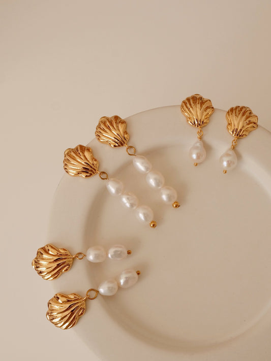 Gold Shell Pearl Drop Earrings, Double Triple Pearl Tear Drop Earrings, Dangling Pearl Earrings, Bridal Jewelry, Dainty Gift 