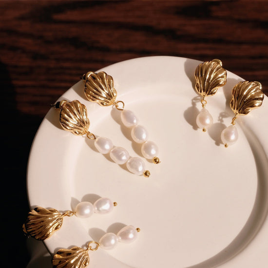 Gold Shell Pearl Drop Earrings, Double Triple Pearl Tear Drop Earrings, Dangling Pearl Earrings, Bridal Jewelry, Dainty Gift 