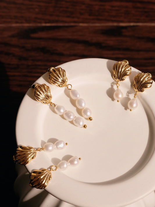 Gold Shell Pearl Drop Earrings, Double Triple Pearl Tear Drop Earrings, Dangling Pearl Earrings, Bridal Jewelry, Dainty Gift 