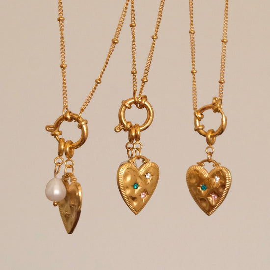 Gold heart pendant necklace, Waterproof colourful cz heart pearl necklace, Pendant detachable bolt clasp necklace, gift for h